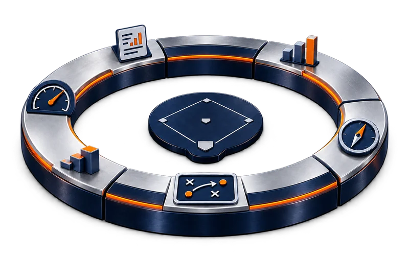 The six-stage coaching loop rendered as a silver and navy circuit around a softball diamond